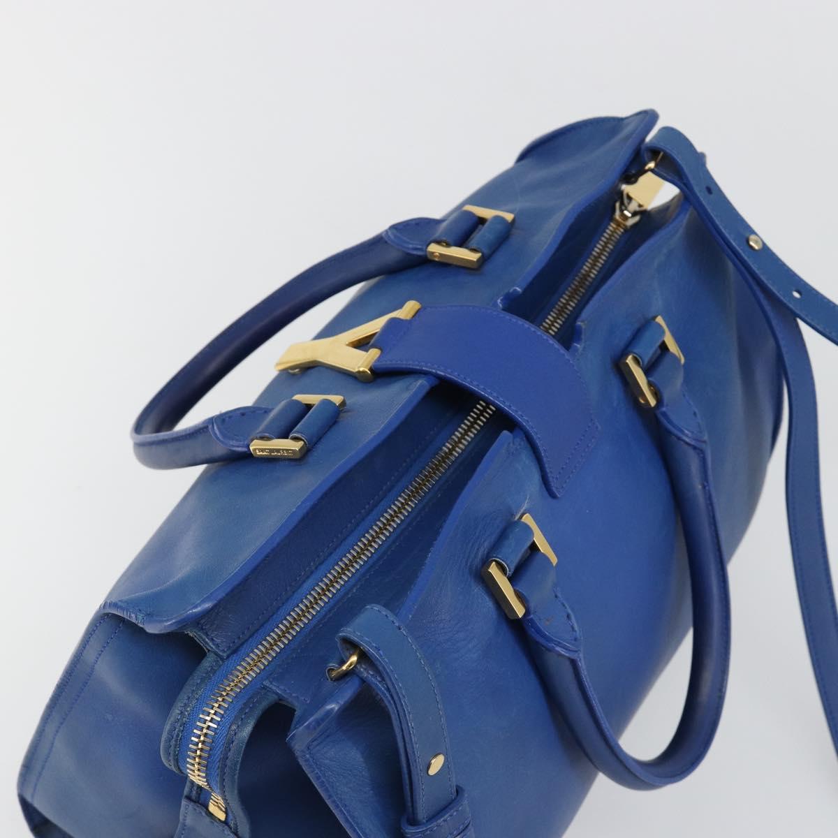 SAINT LAURENT Petit Cabas Hand Bag Leather 2way Blue Gold Auth 187142A
