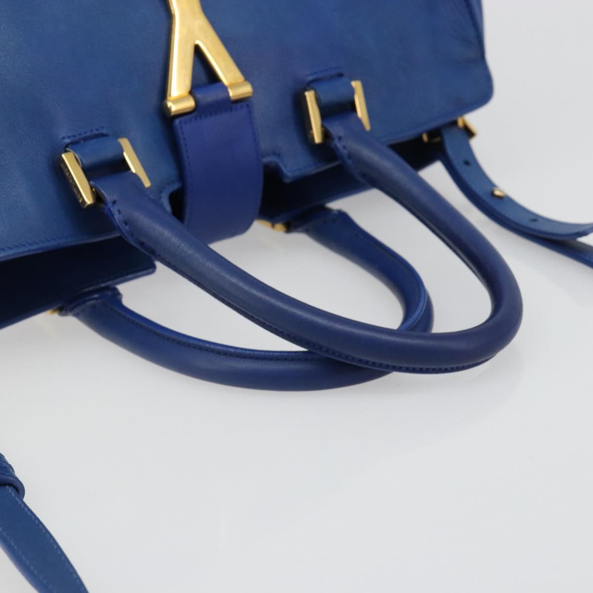 SAINT LAURENT Petit Cabas Hand Bag Leather 2way Blue Gold Auth 187142A