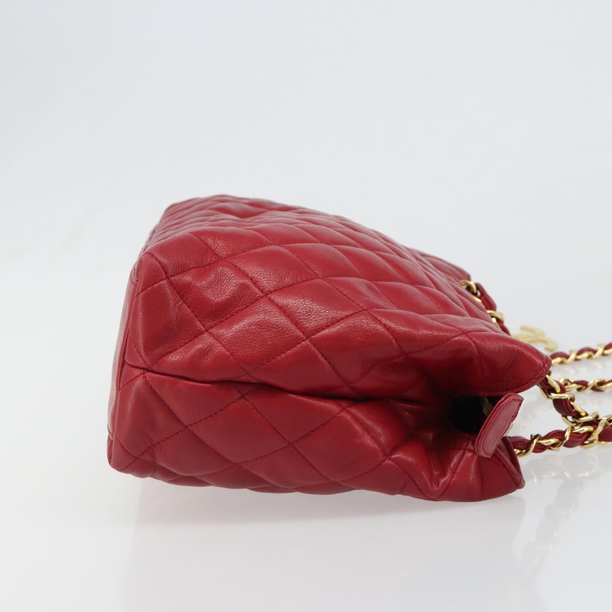 CHANEL Matelasse Chain Shoulder Bag Lamb Skin Red Gold CC Auth 187149