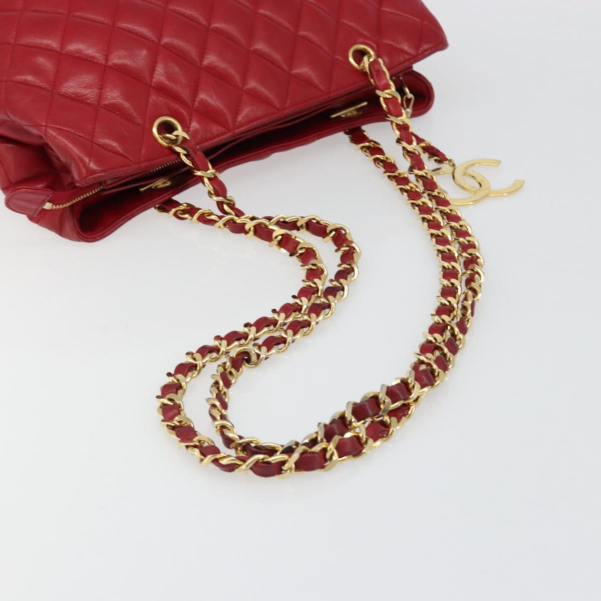 CHANEL Matelasse Chain Shoulder Bag Lamb Skin Red Gold CC Auth 187149