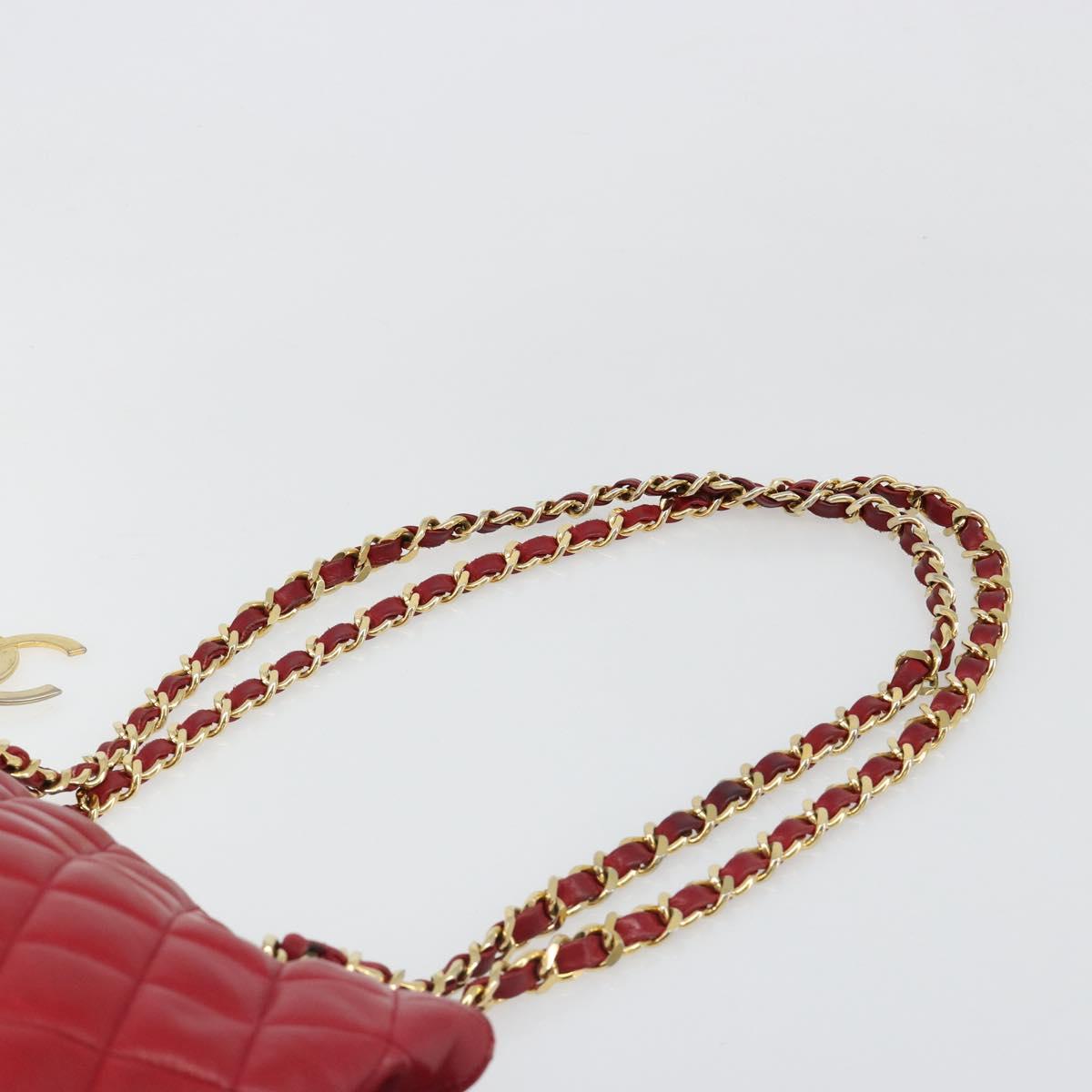 CHANEL Matelasse Chain Shoulder Bag Lamb Skin Red Gold CC Auth 187149