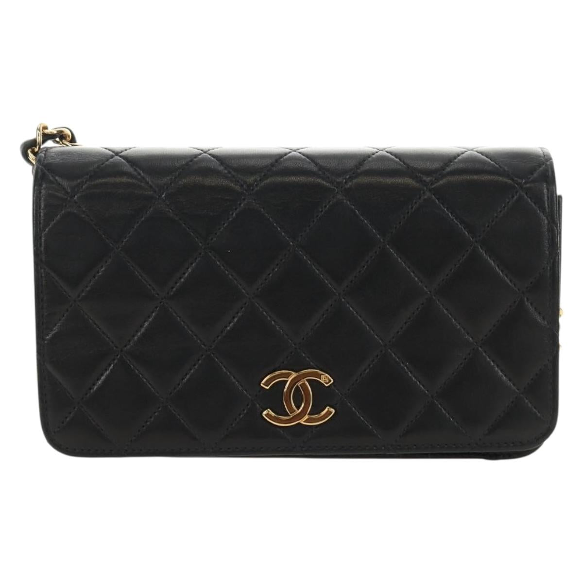 CHANEL Chain Matelasse Shoulder Bag Lamb Skin Black Gold CC Auth 187152SAM