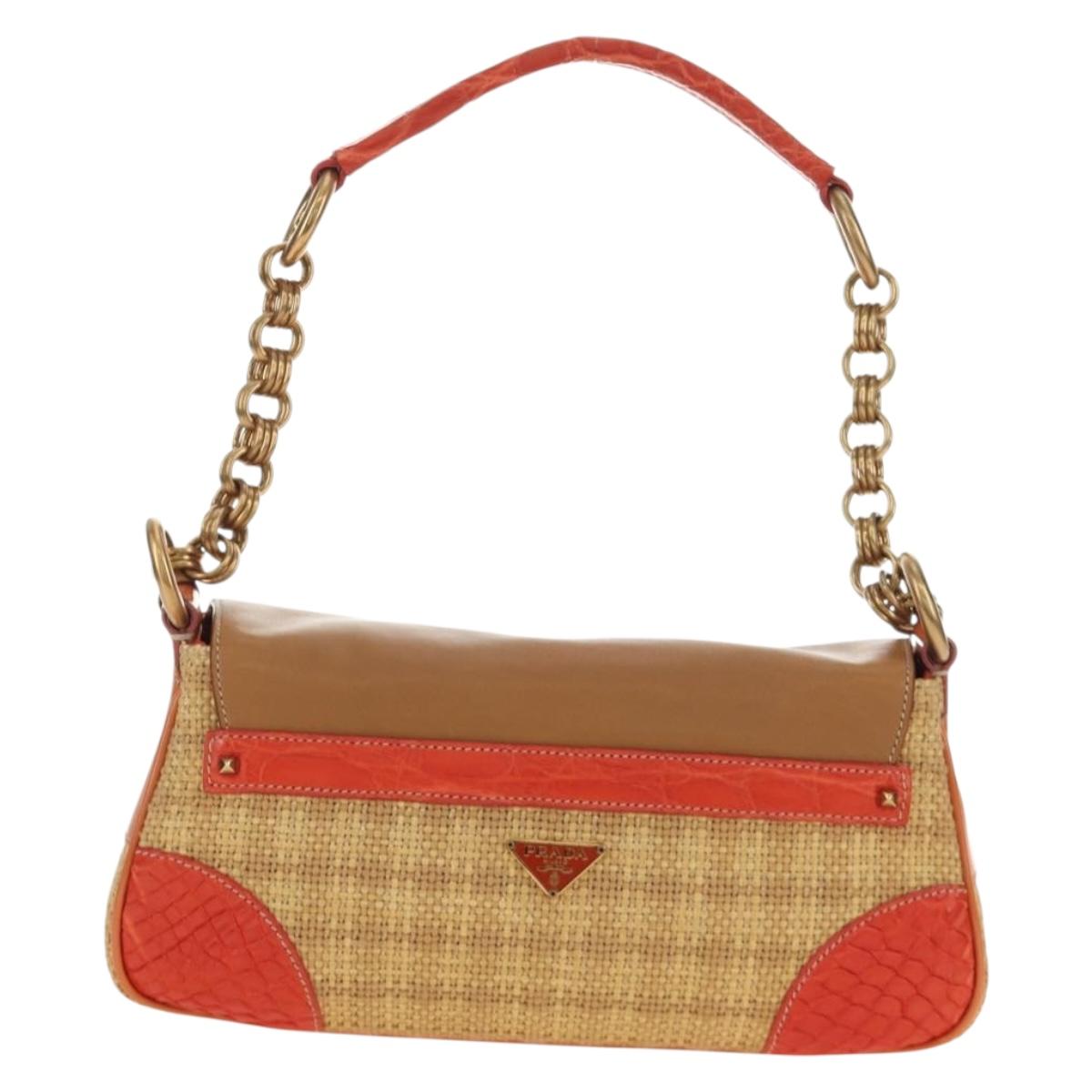 PRADA Chain Shoulder Bag Embossed leather Beige Gold Auth 187155SAV