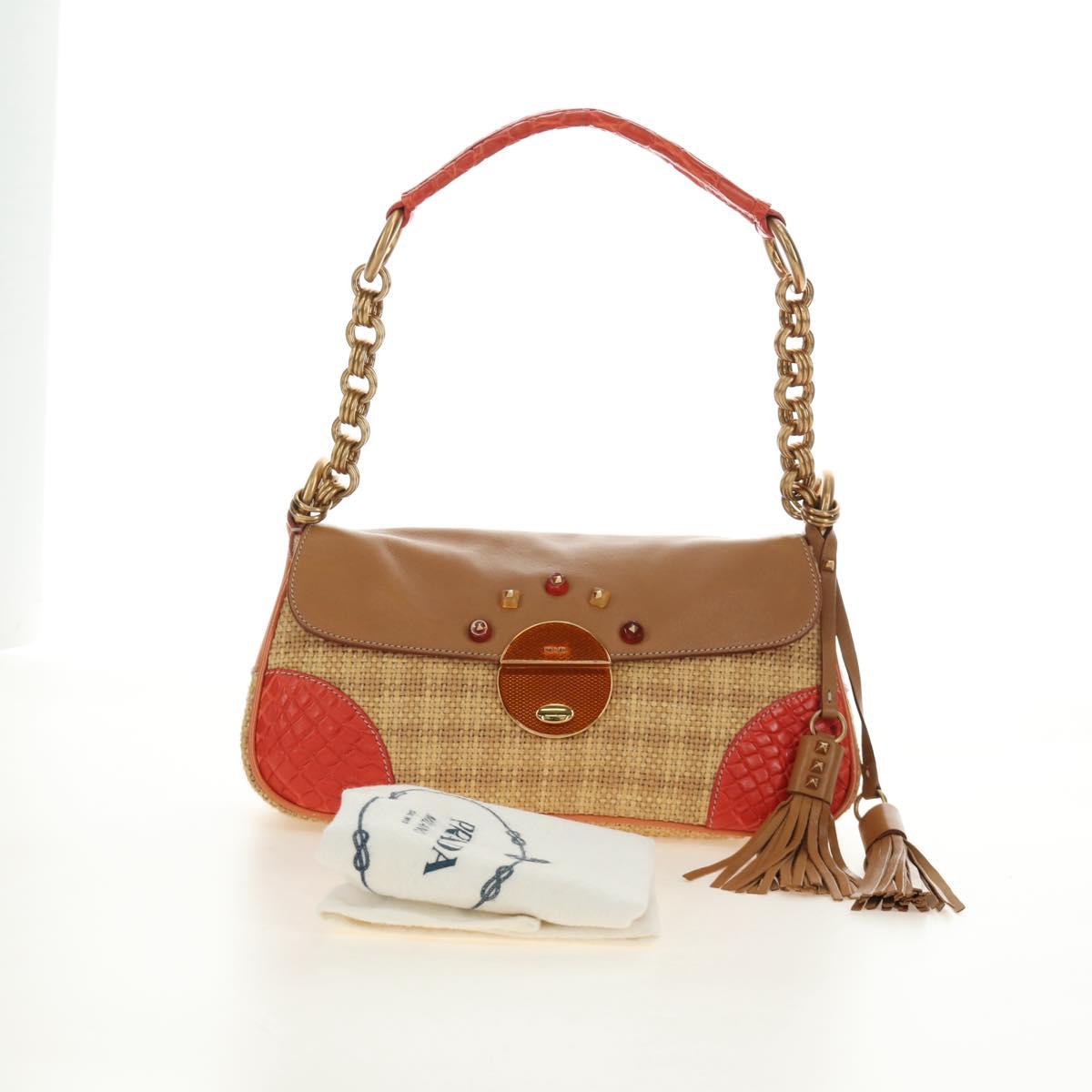 PRADA Chain Shoulder Bag Embossed leather Beige Gold Auth 187155SAV
