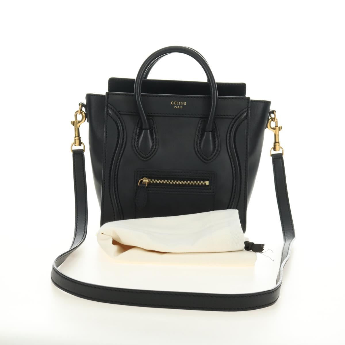 CELINE Luggage Nano Hand Bag Leather 2way Black Gold Auth 187156SAM