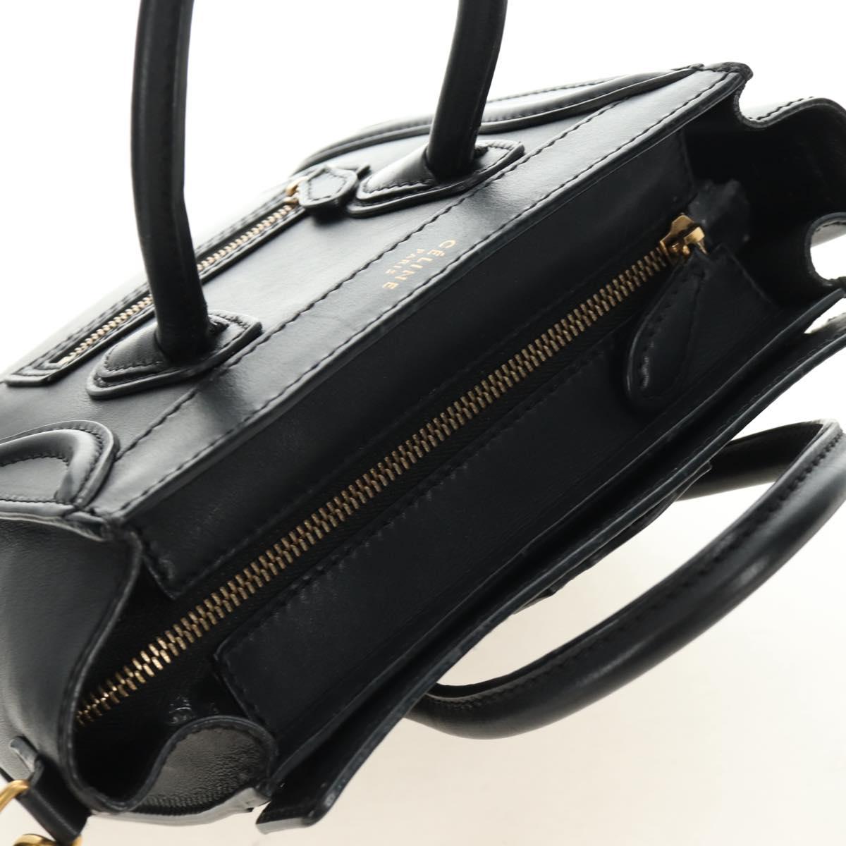 CELINE Luggage Nano Hand Bag Leather 2way Black Gold Auth 187156SAM