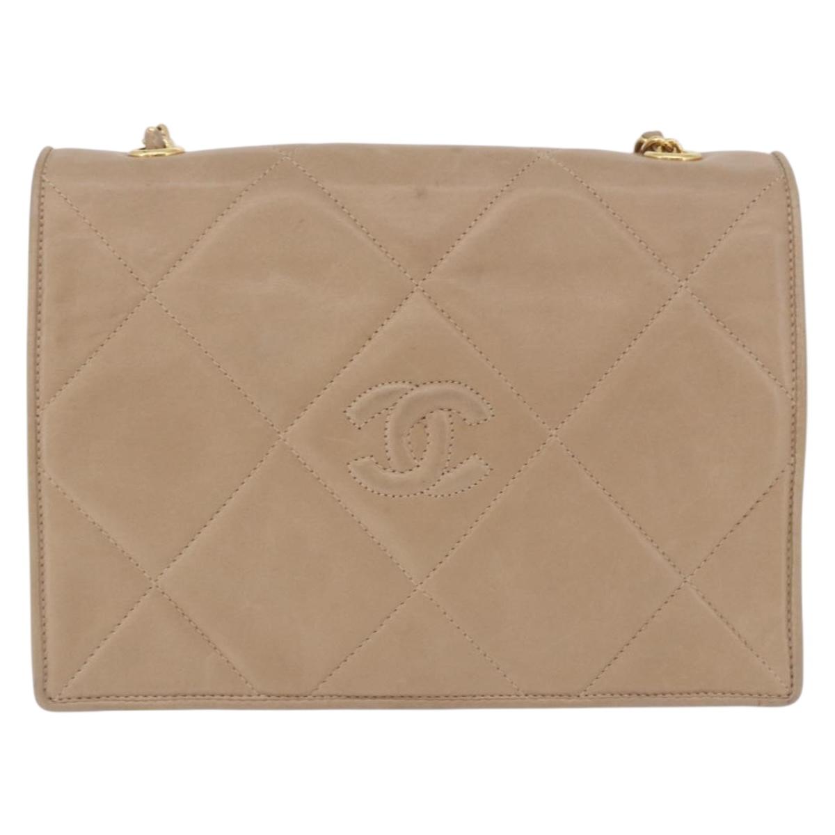 CHANEL Matelasse Chain Shoulder Bag Lamb Skin Beige Gold CC Auth 187157A