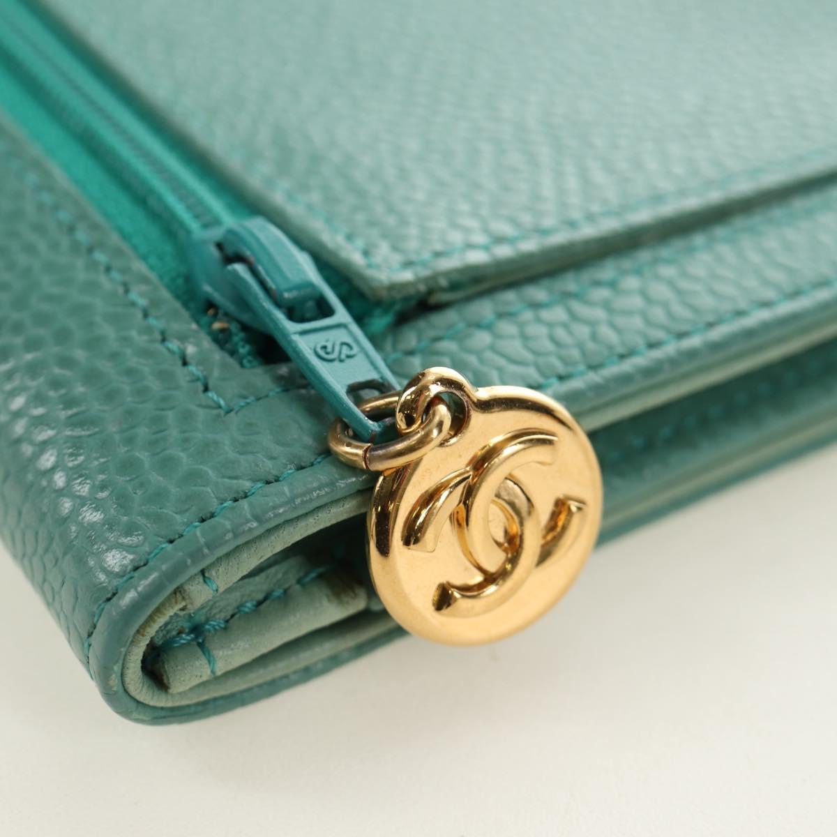 CHANEL Coin Purse Caviar Skin Turquoise Blue Gold CC Auth 187167M