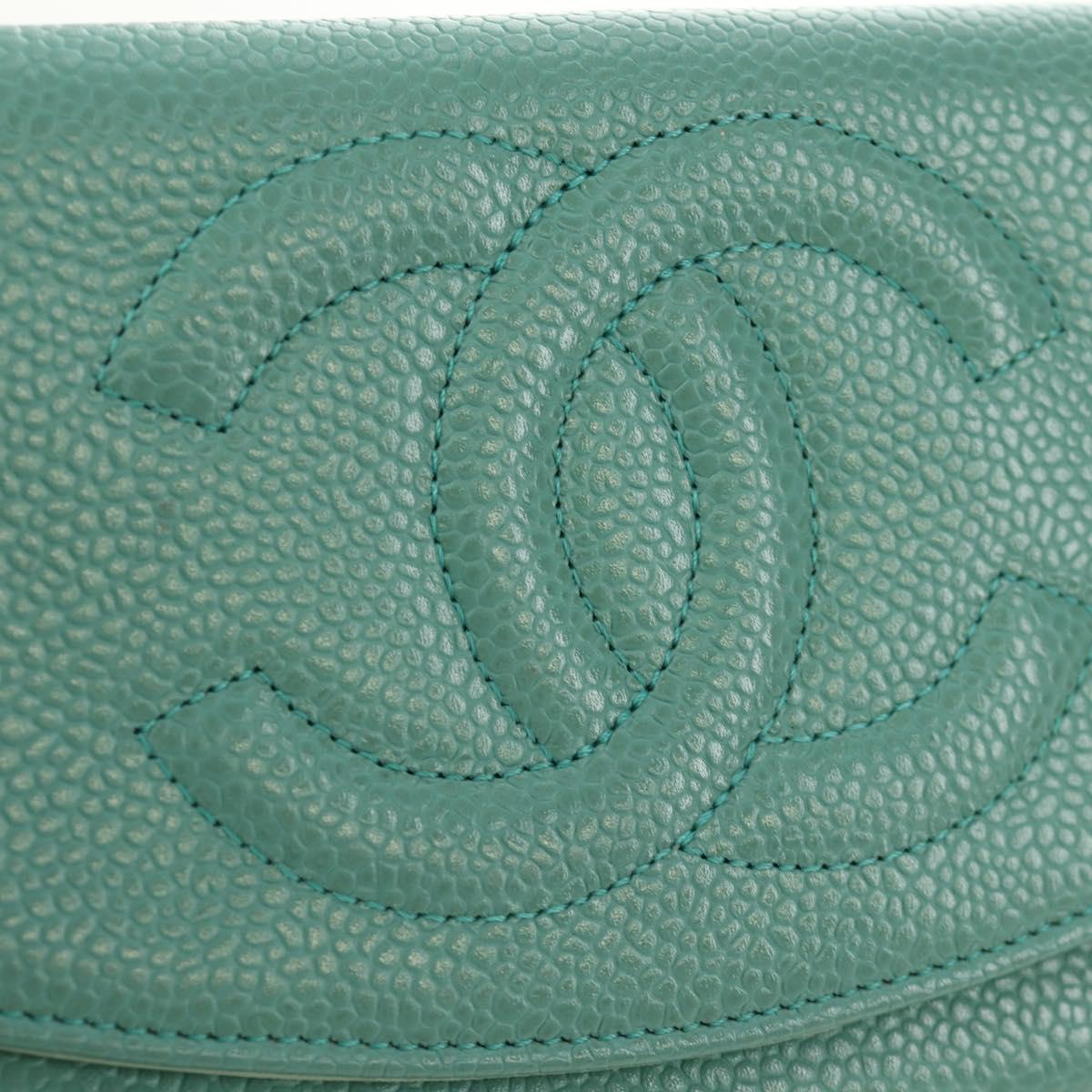 CHANEL Coin Purse Caviar Skin Turquoise Blue Gold CC Auth 187167M