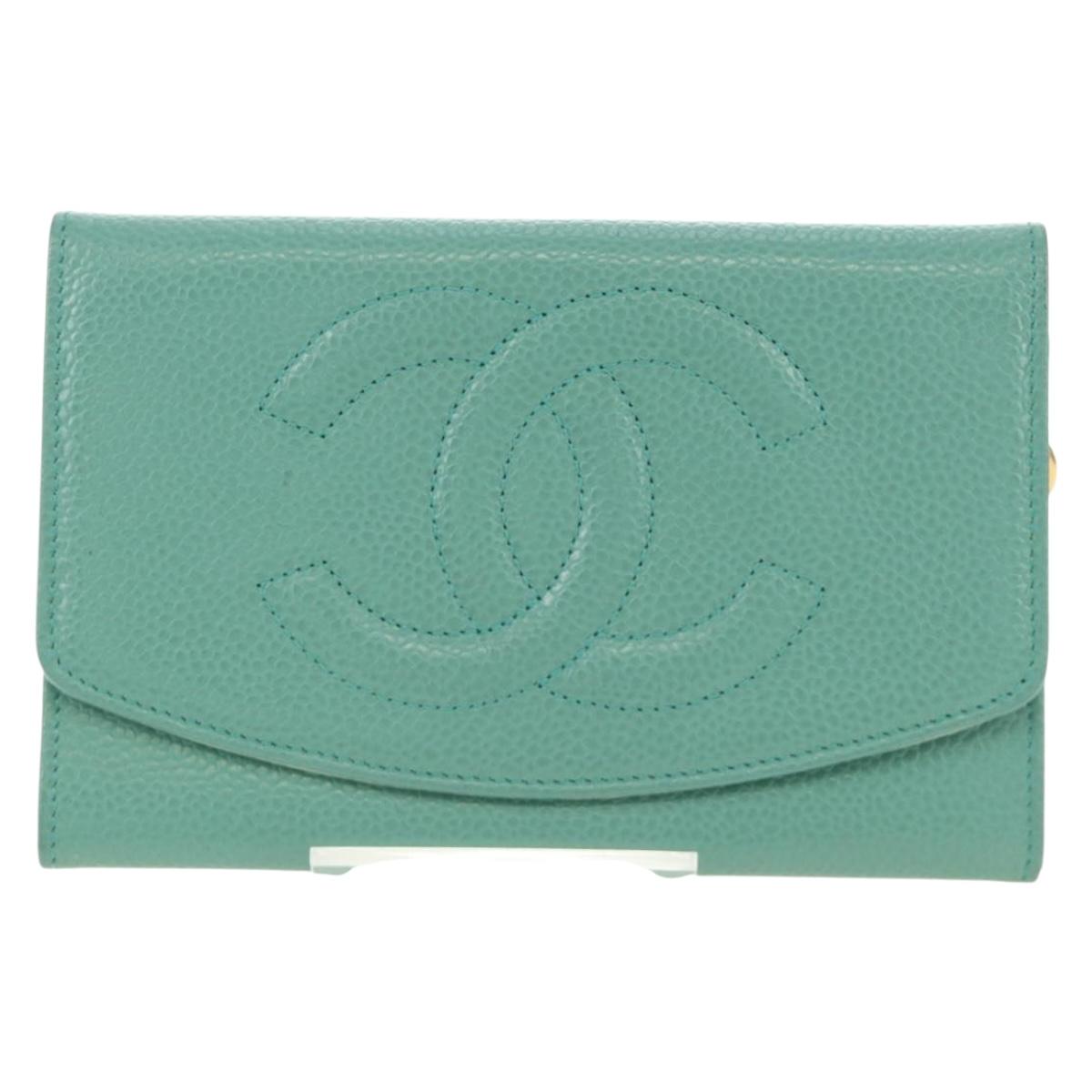 CHANEL Coin Purse Caviar Skin Turquoise Blue Gold CC Auth 187167M
