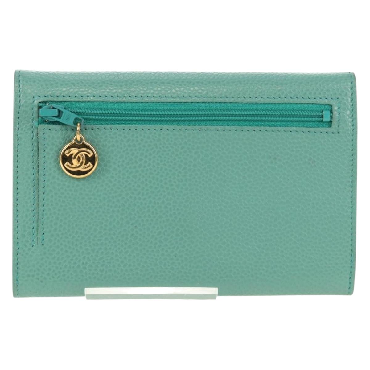 CHANEL Coin Purse Caviar Skin Turquoise Blue Gold CC Auth 187167M