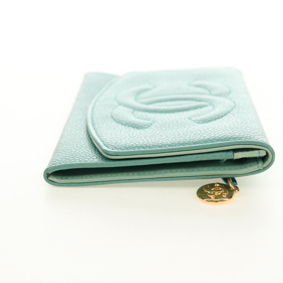 CHANEL Coin Purse Caviar Skin Turquoise Blue Gold CC Auth 187167M