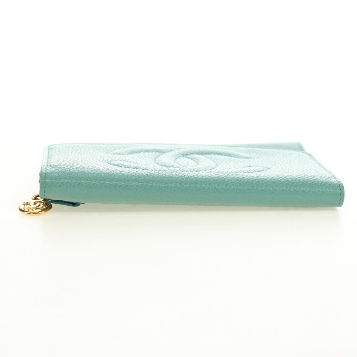CHANEL Coin Purse Caviar Skin Turquoise Blue Gold CC Auth 187167M