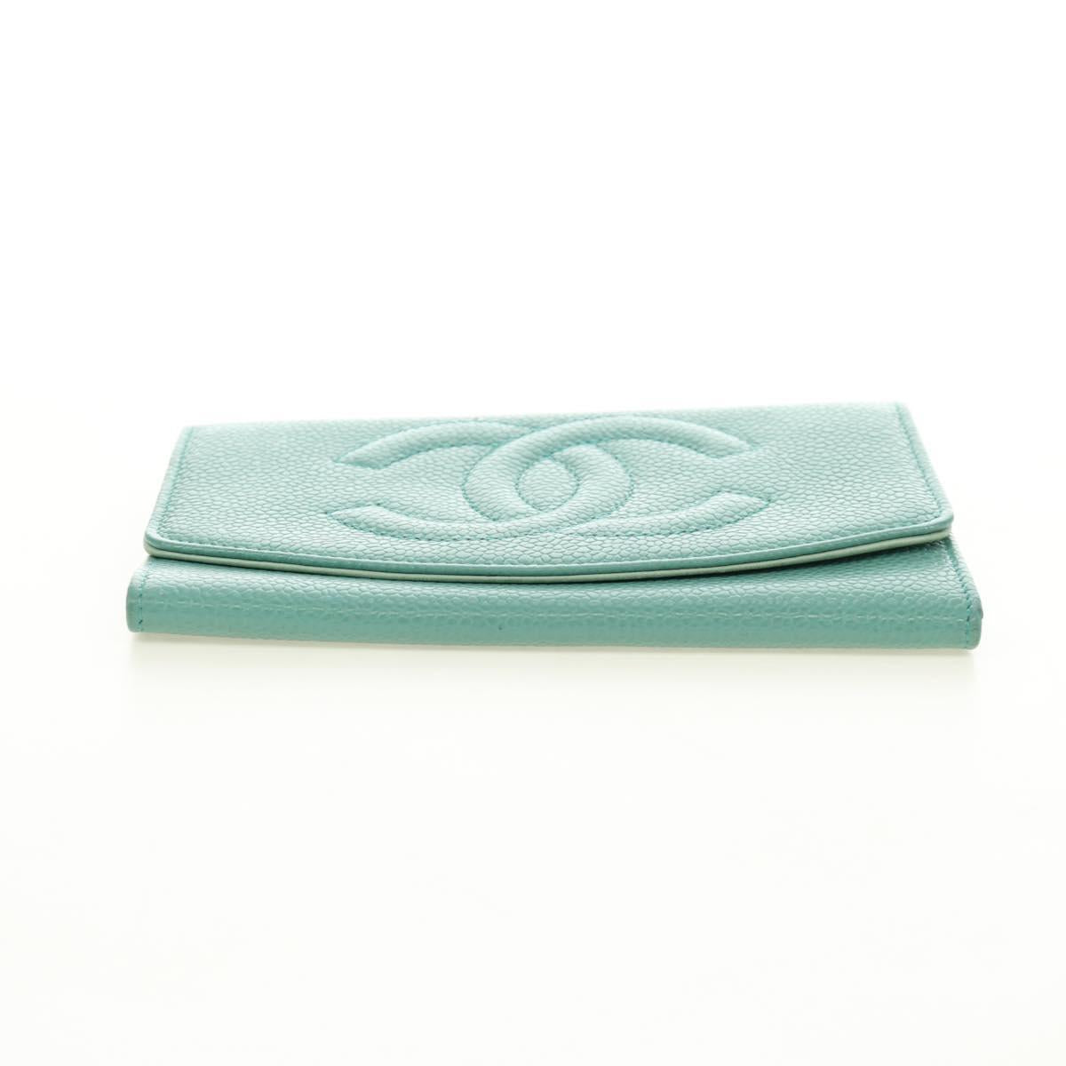 CHANEL Coin Purse Caviar Skin Turquoise Blue Gold CC Auth 187167M