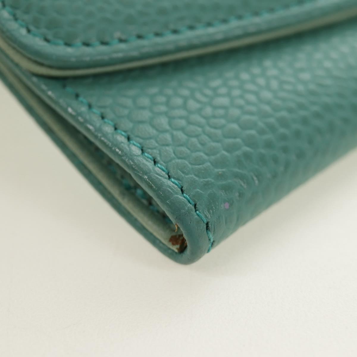 CHANEL Coin Purse Caviar Skin Turquoise Blue Gold CC Auth 187167M