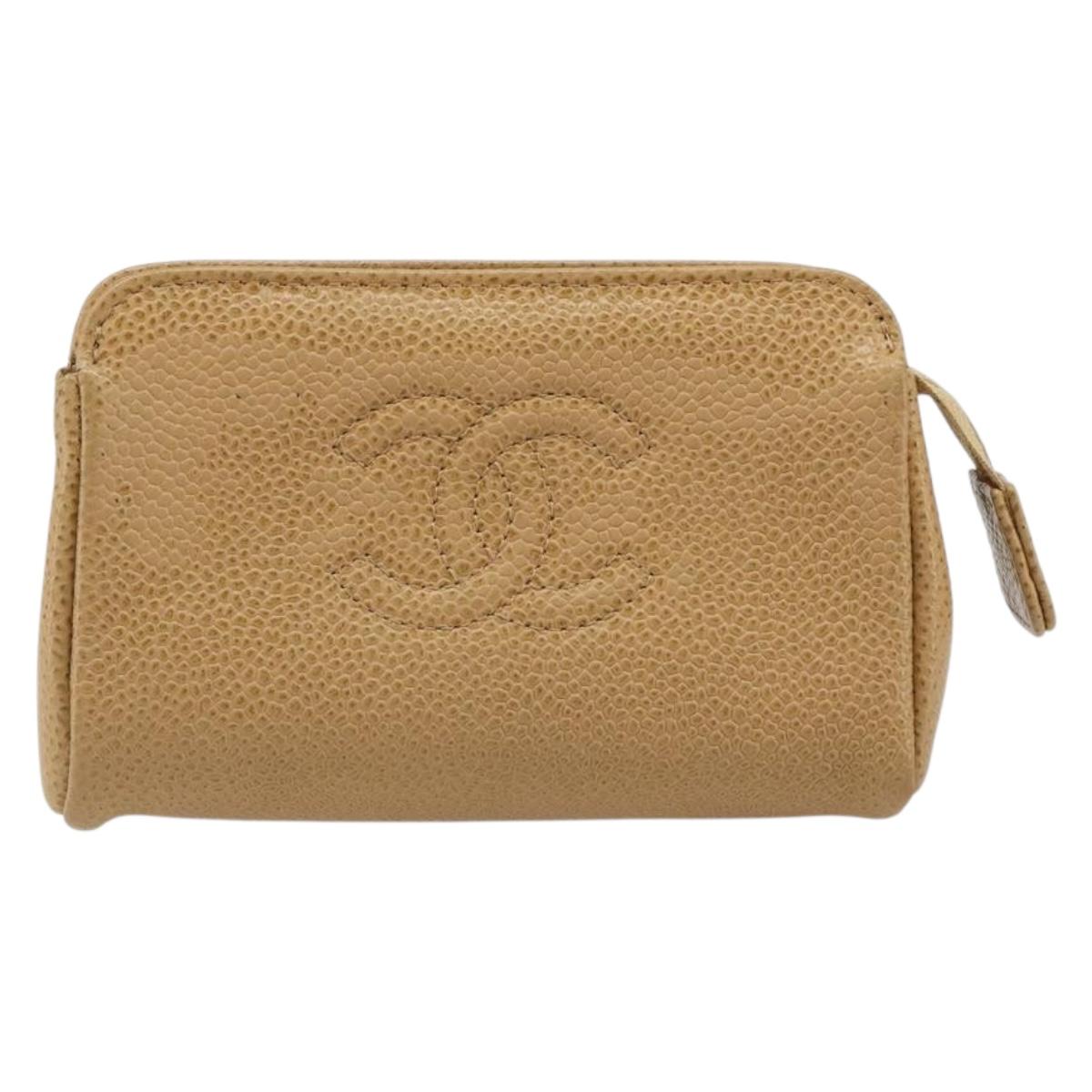 CHANEL Pouch Caviar Skin Beige Gold CC Auth 187168