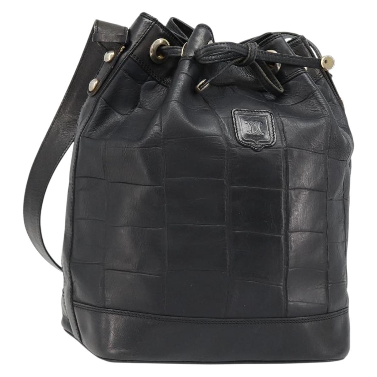 CELINE Purse Shoulder Bag Leather Black Gold Auth 187182