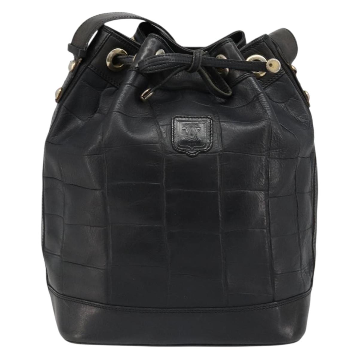 CELINE Purse Shoulder Bag Leather Black Gold Auth 187182