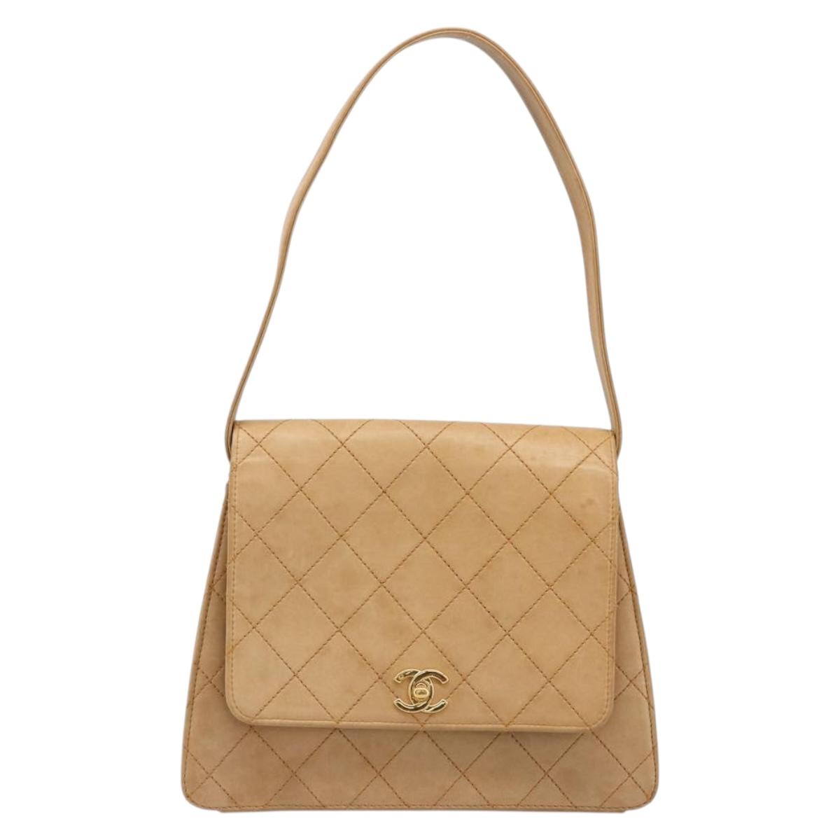 CHANEL Matelasse Shoulder Bag Lamb Skin Beige Gold CC Auth 187187
