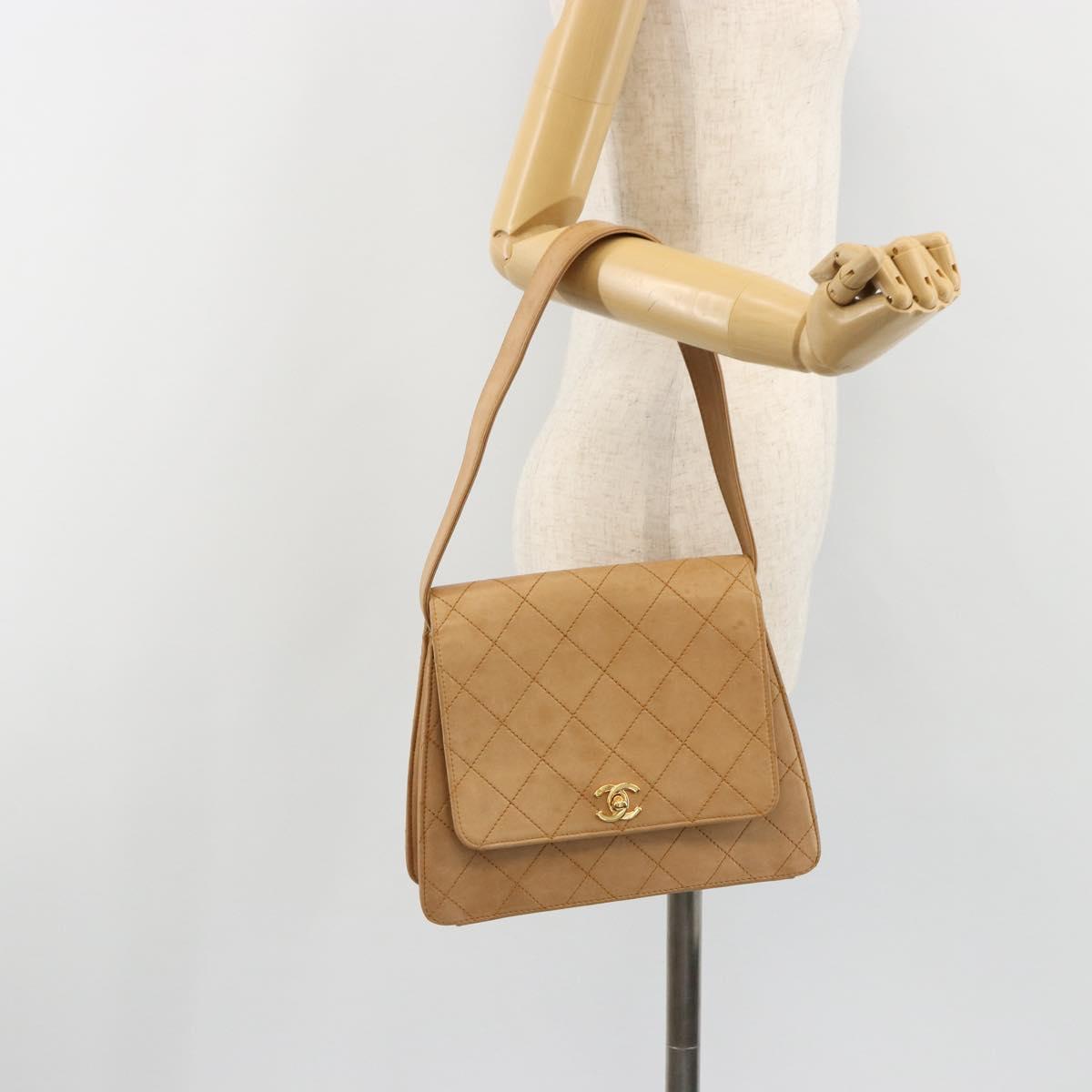 CHANEL Matelasse Shoulder Bag Lamb Skin Beige Gold CC Auth 187187
