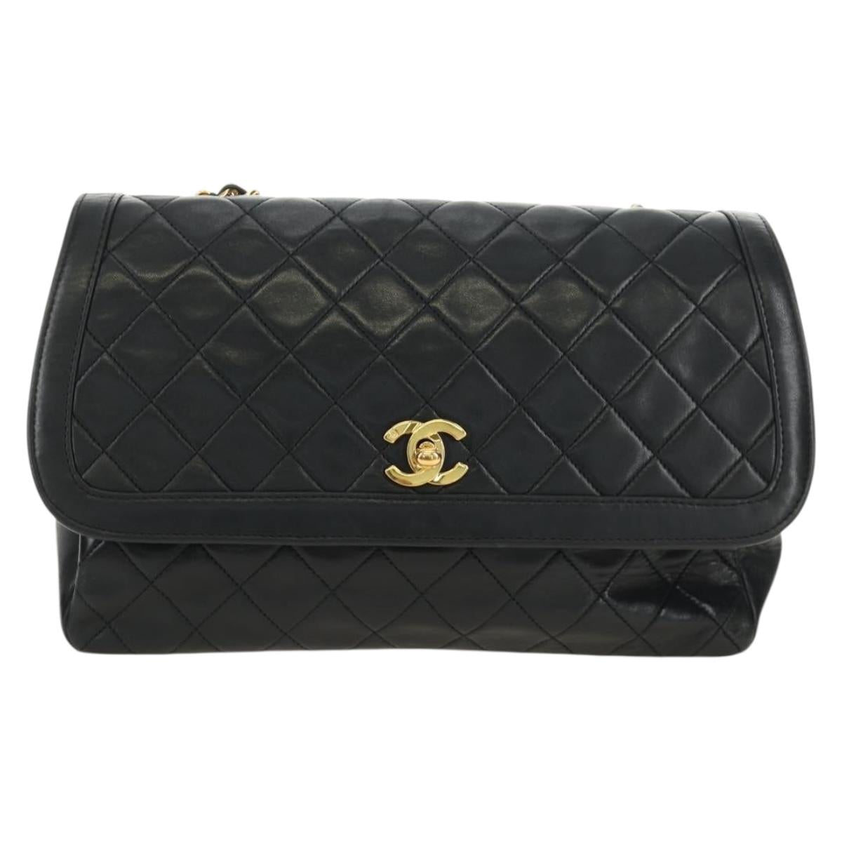 CHANEL Chain Matelasse Shoulder Bag Lamb Skin Black Gold CC Auth 187189SAV
