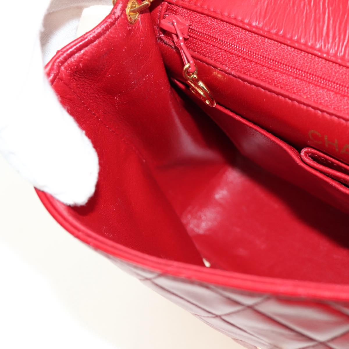 CHANEL Matelasse Chain Shoulder Bag Lamb Skin Red Gold CC Auth 187190A