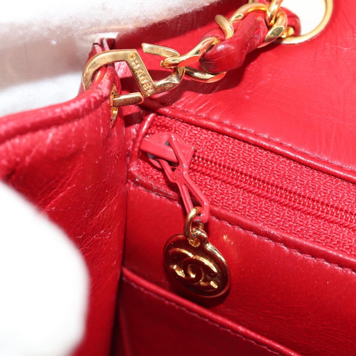 CHANEL Matelasse Chain Shoulder Bag Lamb Skin Red Gold CC Auth 187190A