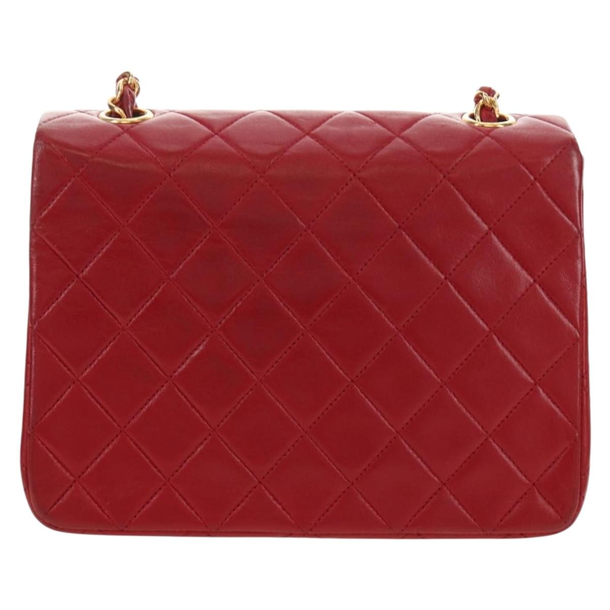 CHANEL Matelasse Chain Shoulder Bag Lamb Skin Red Gold CC Auth 187190A