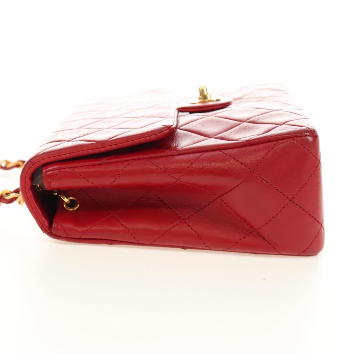 CHANEL Matelasse Chain Shoulder Bag Lamb Skin Red Gold CC Auth 187190A
