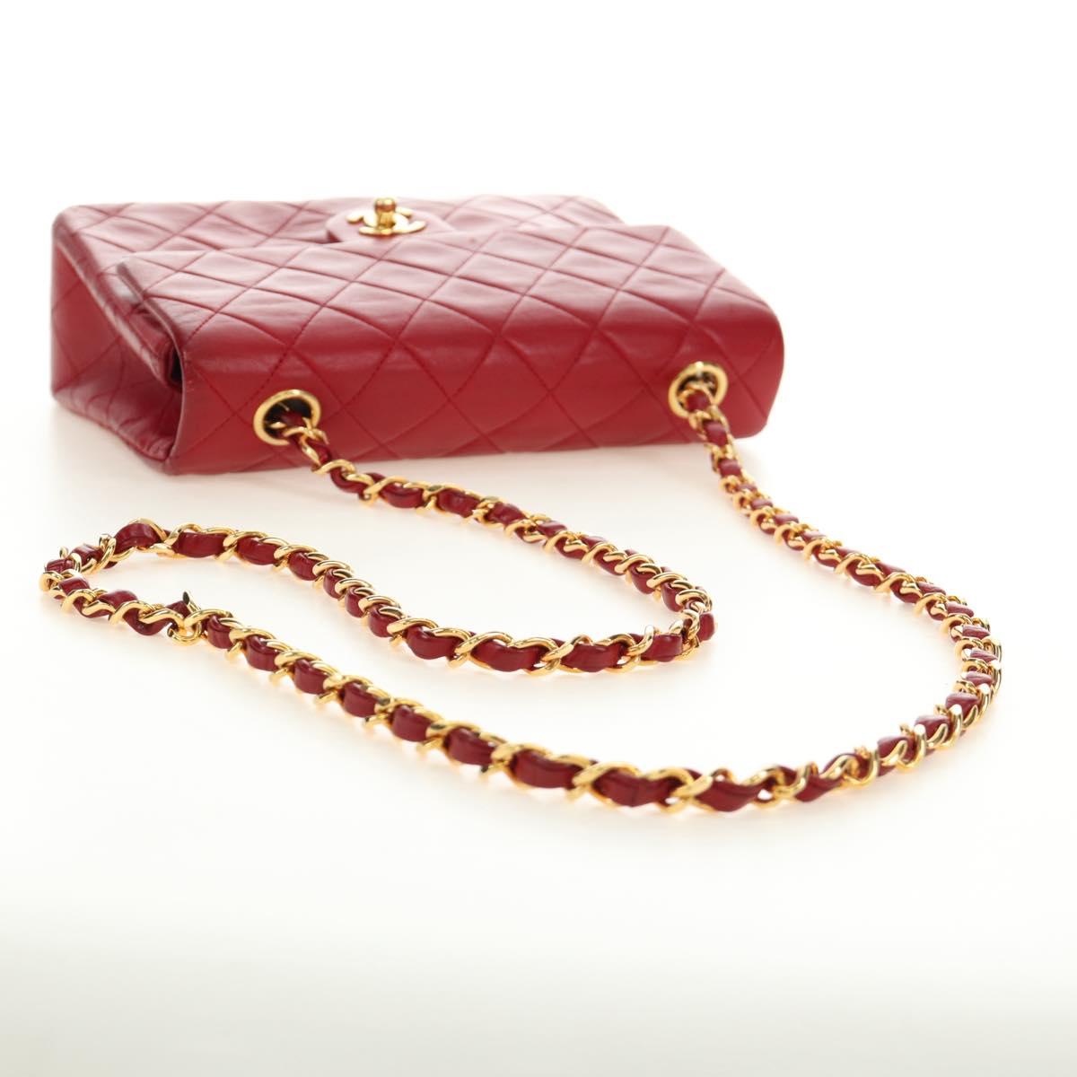 CHANEL Matelasse Chain Shoulder Bag Lamb Skin Red Gold CC Auth 187190A