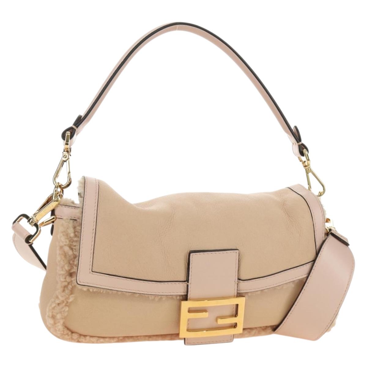 FENDI Mamma Baguette Shoulder Bag Mouton Beige Gold Auth 187191SAV