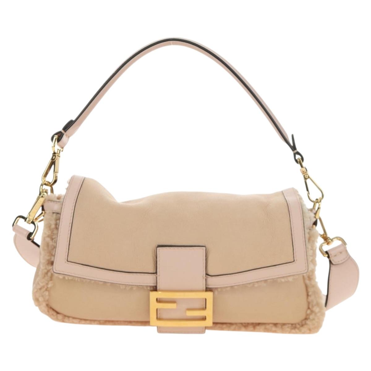 FENDI Mamma Baguette Shoulder Bag Mouton Beige Gold Auth 187191SAV