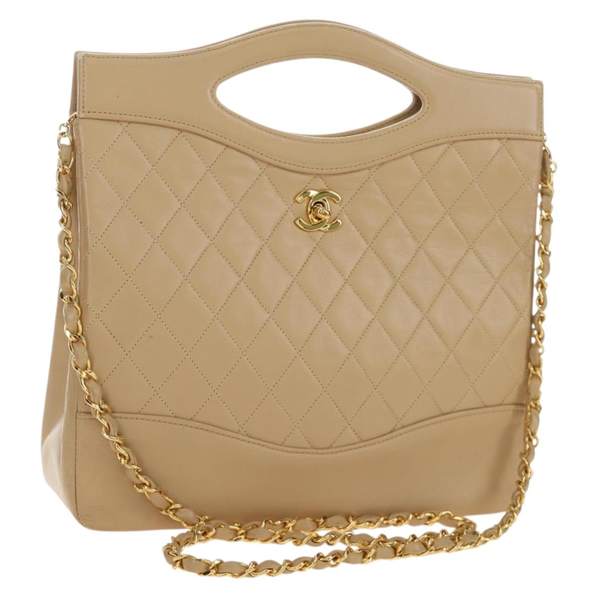 CHANEL Matelasse Chain Shoulder Bag Lamb Skin Beige Gold CC Auth 187192SAV