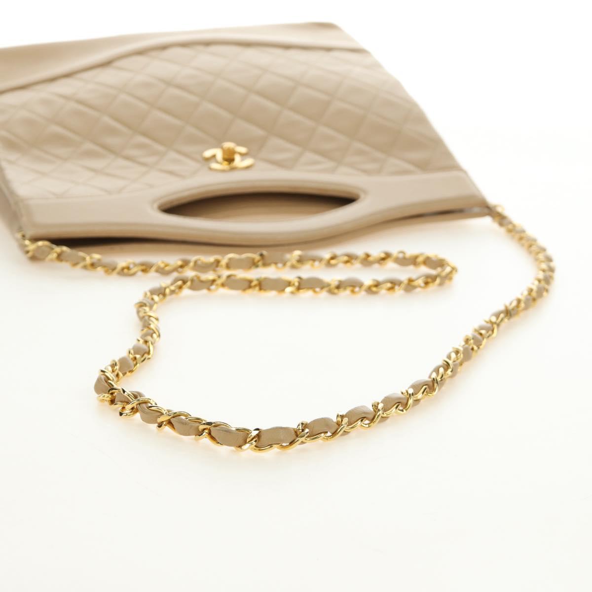 CHANEL Matelasse Chain Shoulder Bag Lamb Skin Beige Gold CC Auth 187192SAV