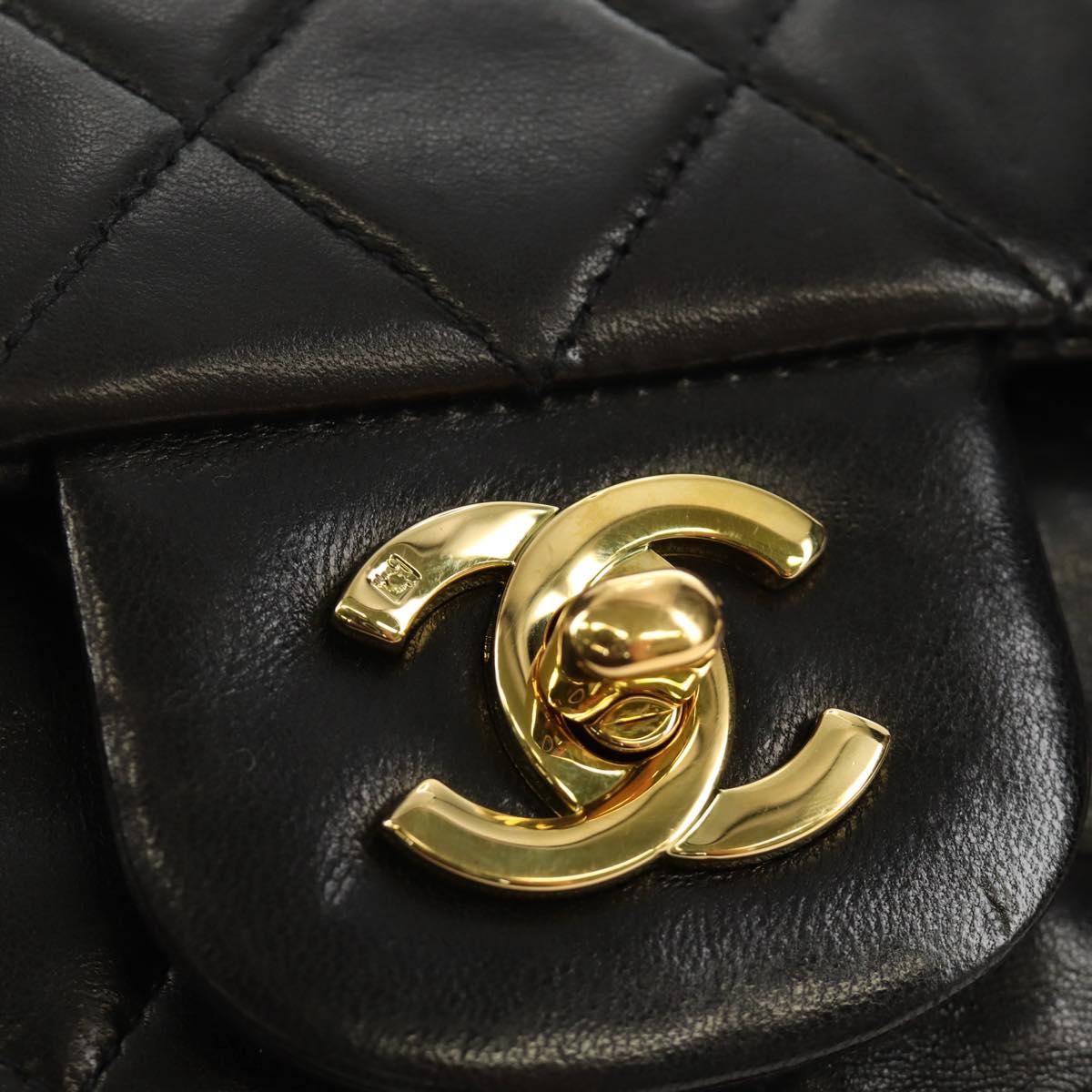 CHANEL Matelasse 25 Double Flap Chain Bag Lamb Skin Gold Black CC Auth 187193SAV