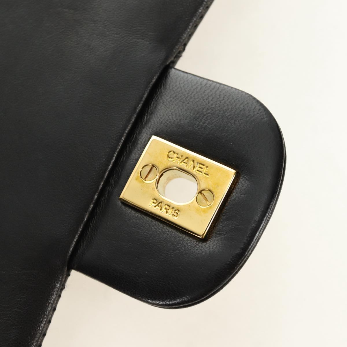 CHANEL Matelasse 25 Double Flap Chain Bag Lamb Skin Gold Black CC Auth 187193SAV