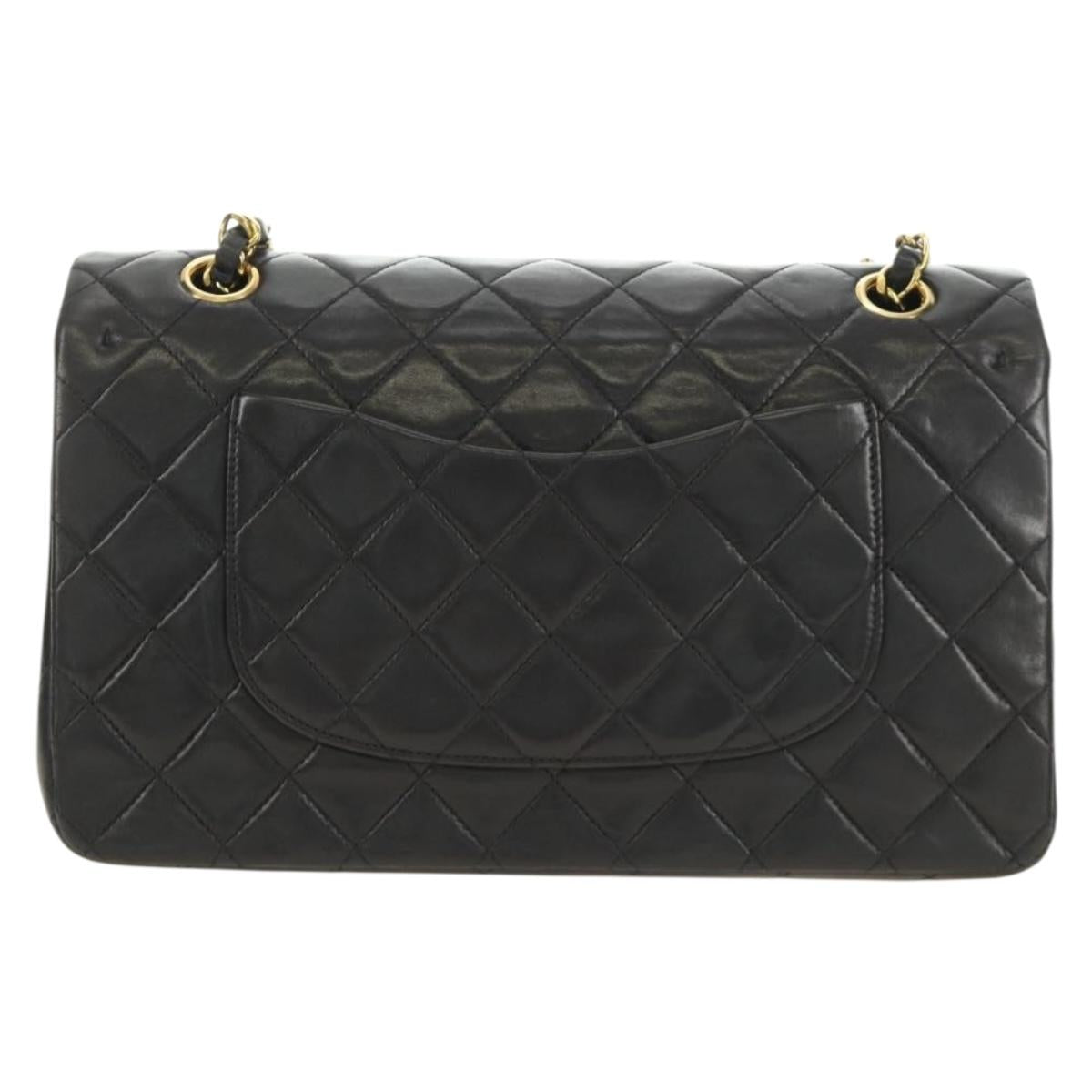 CHANEL Matelasse 25 Double Flap Chain Bag Lamb Skin Gold Black CC Auth 187193SAV