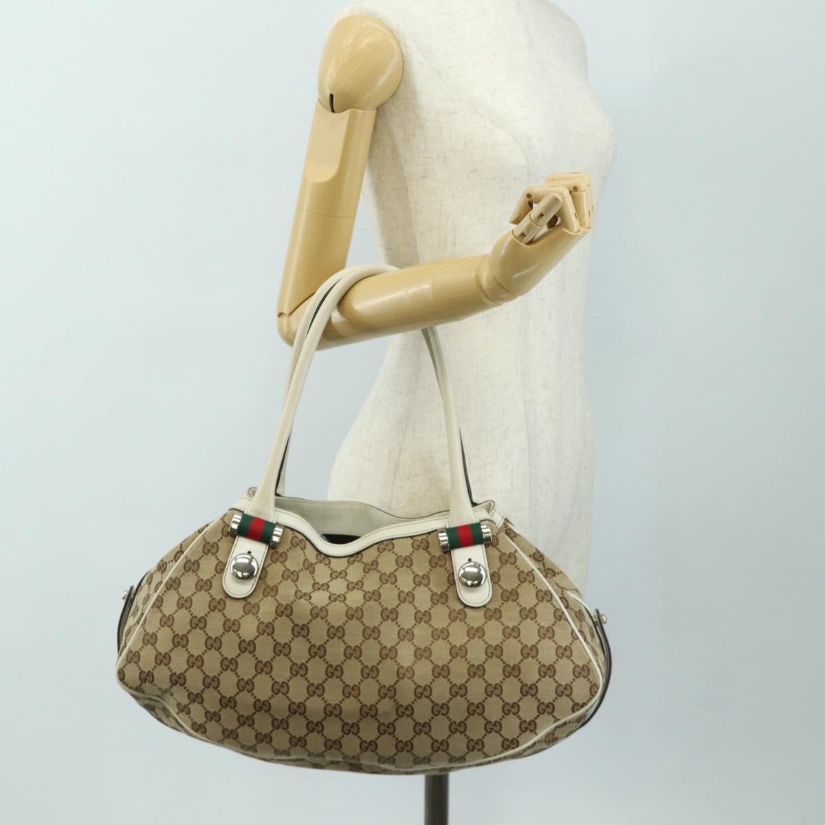 GUCCI GG Canvas Web Sherry Line Tote Bag Beige Silver Red 232971 Auth 187200SAV
