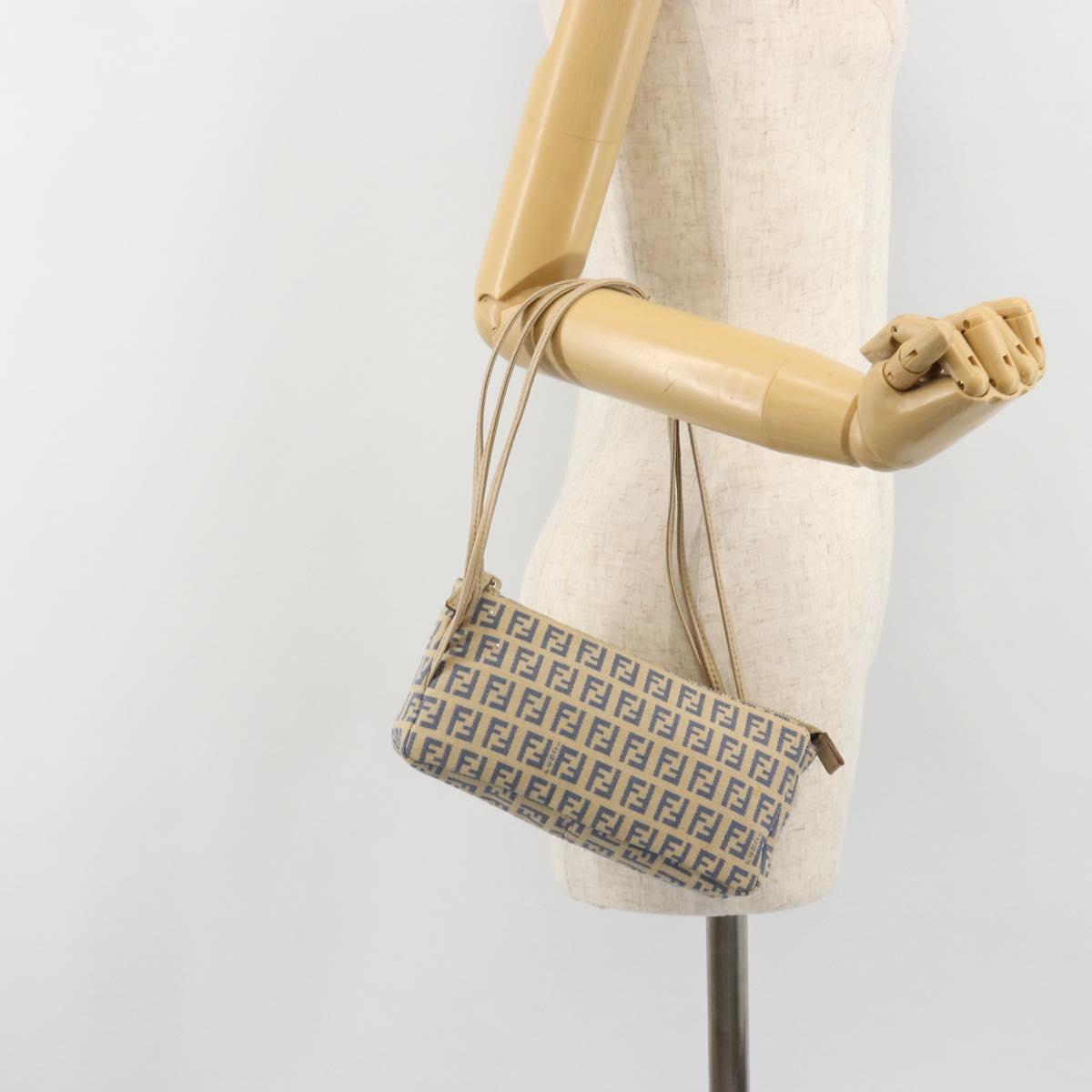 FENDI Zucchino Canvas Pouch Blue Gold Auth 187202