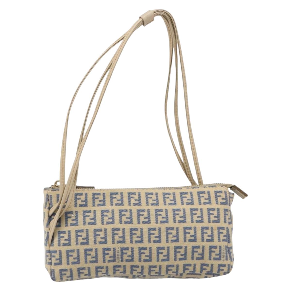 FENDI Zucchino Canvas Pouch Blue Gold Auth 187202