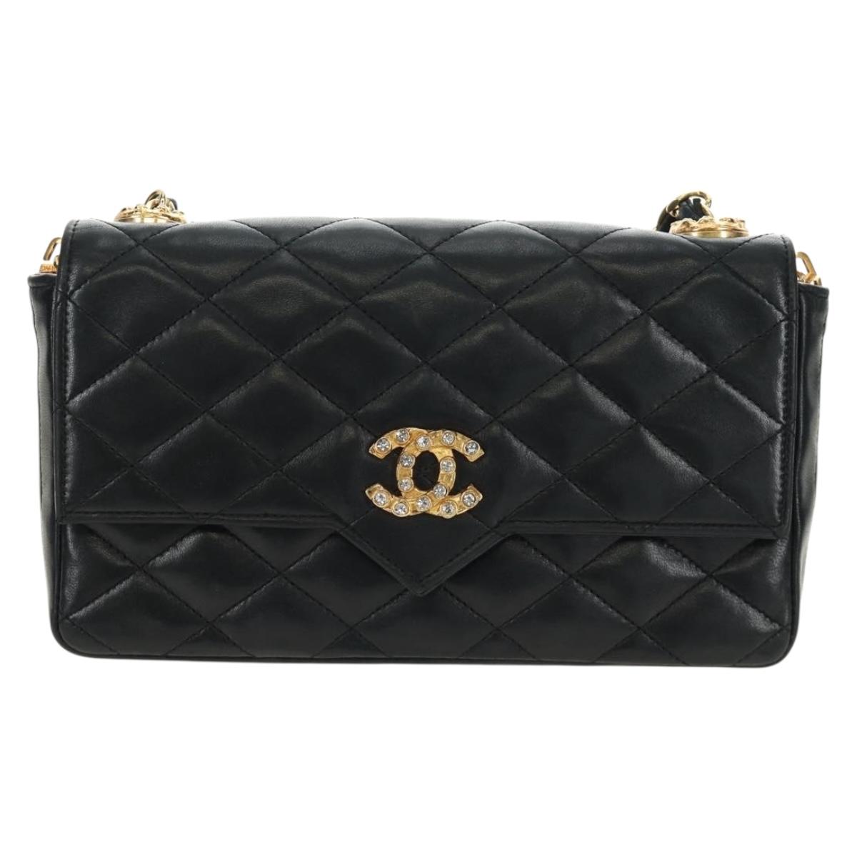 CHANEL Chain Matelasse Shoulder Bag Lamb Skin Black Gold CC Auth 187203SAV