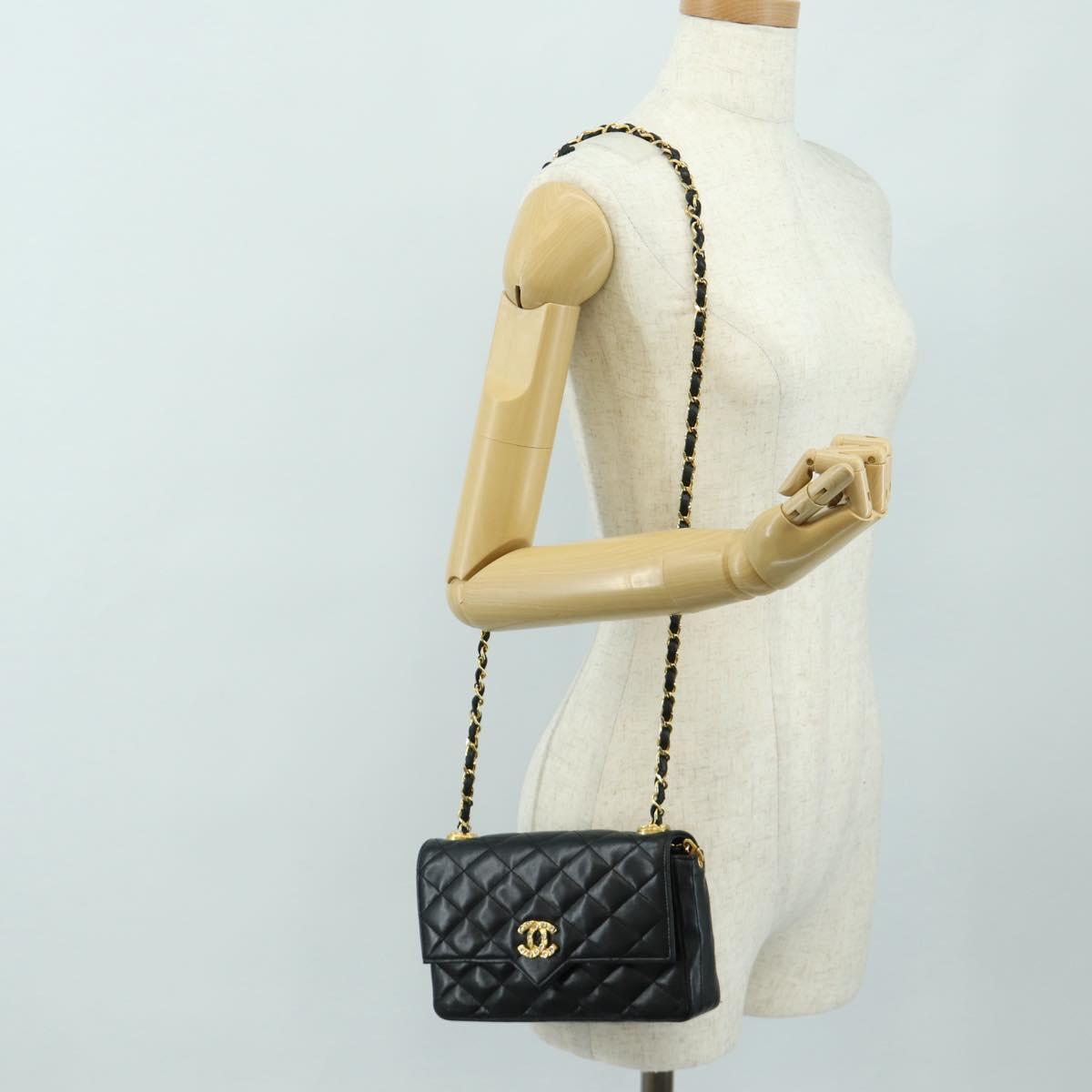 CHANEL Chain Matelasse Shoulder Bag Lamb Skin Black Gold CC Auth 187203SAV