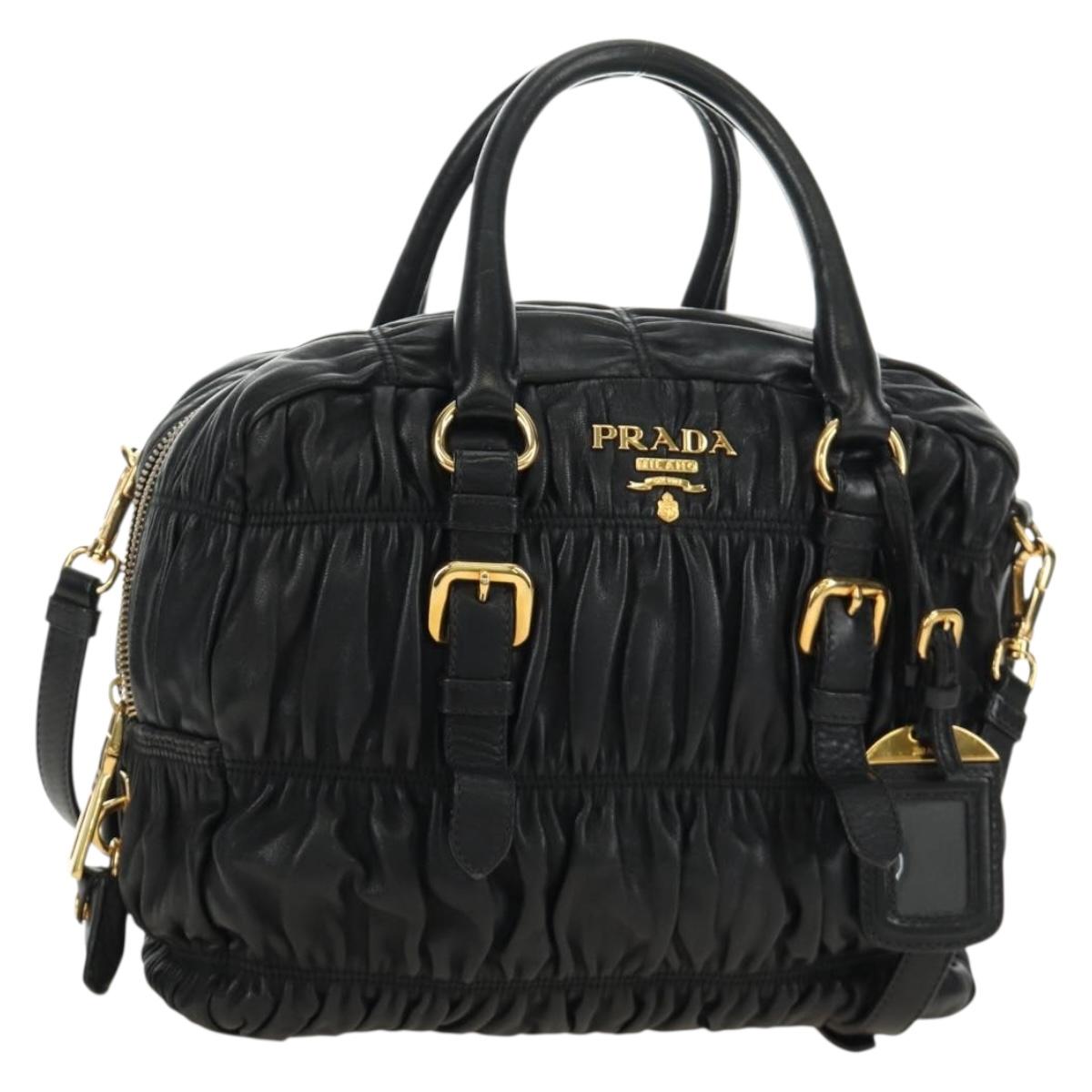 PRADA Gathered Hand Bag Leather 2way Black Gold Auth 187209SAV