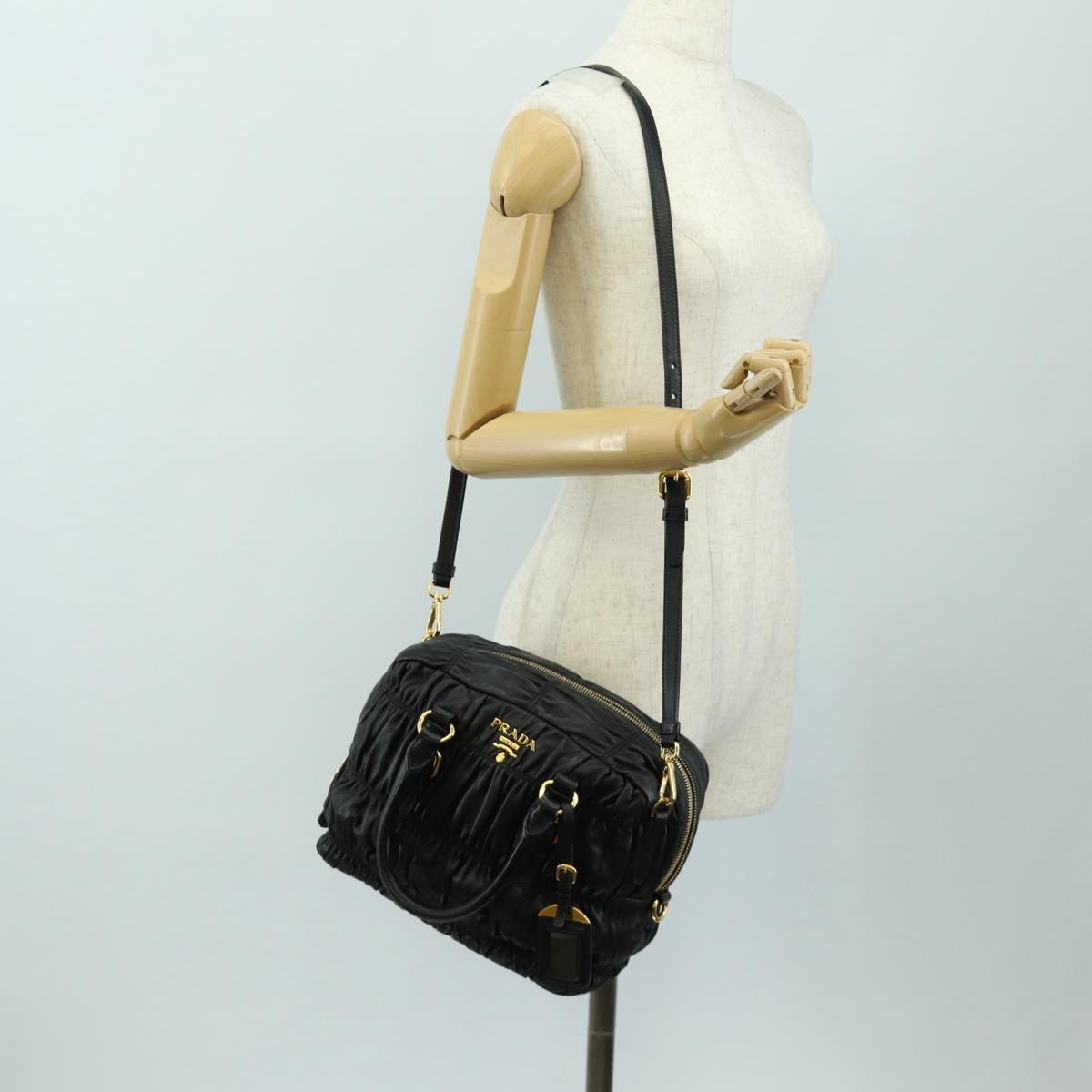 PRADA Gathered Hand Bag Leather 2way Black Gold Auth 187209SAV