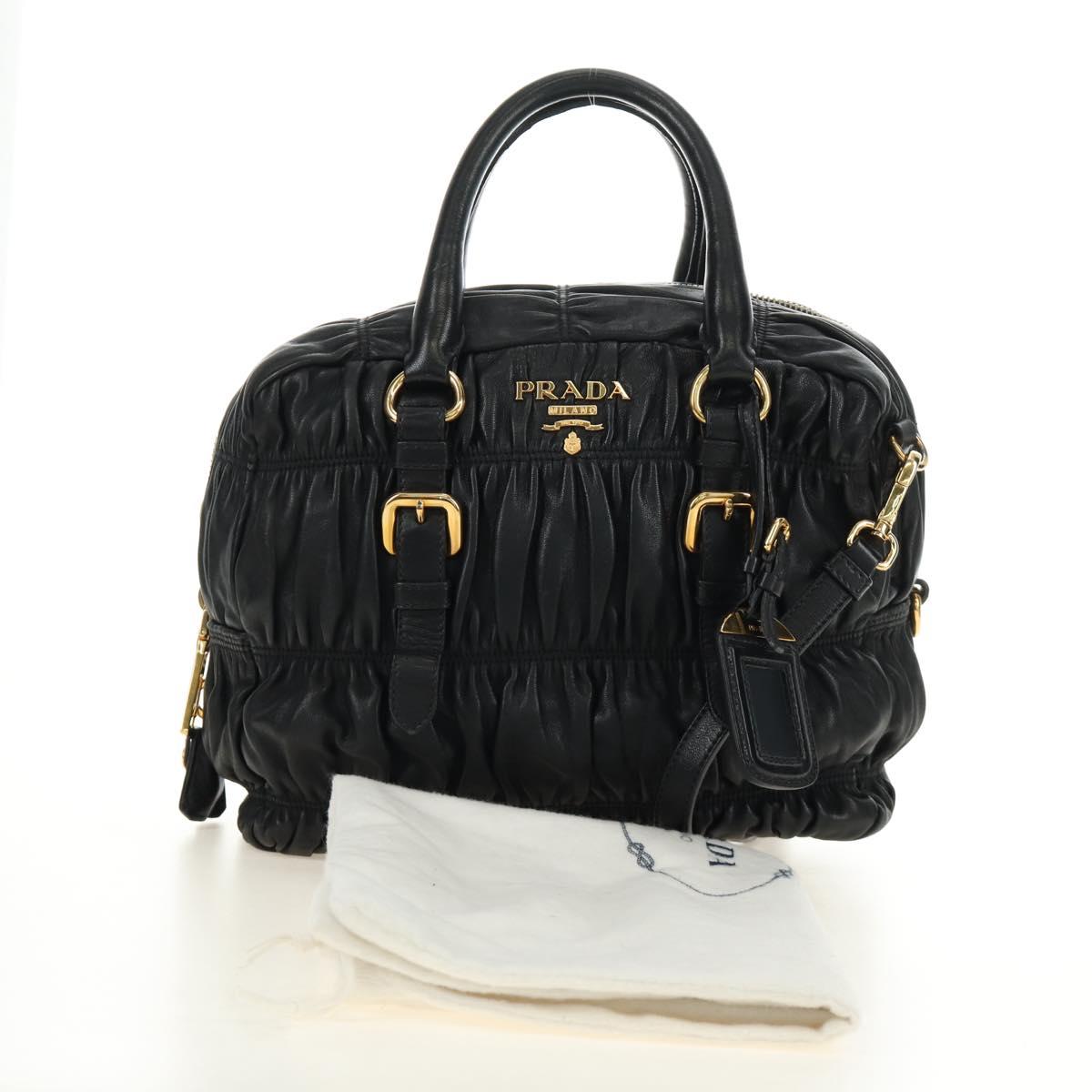 PRADA Gathered Hand Bag Leather 2way Black Gold Auth 187209SAV