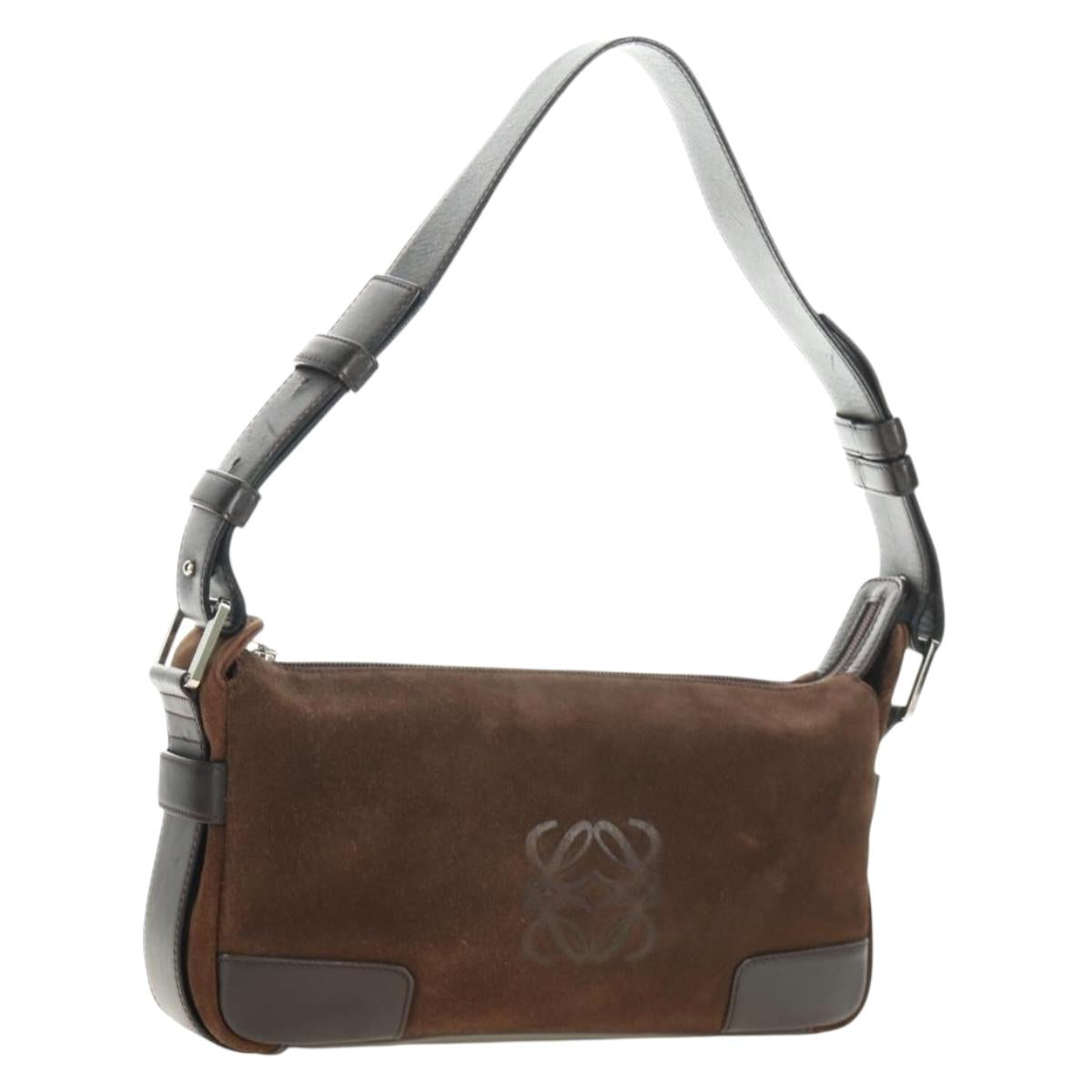 LOEWE Anagram Shoulder Bag Suede Leather Brown Silver Auth 187211SAV
