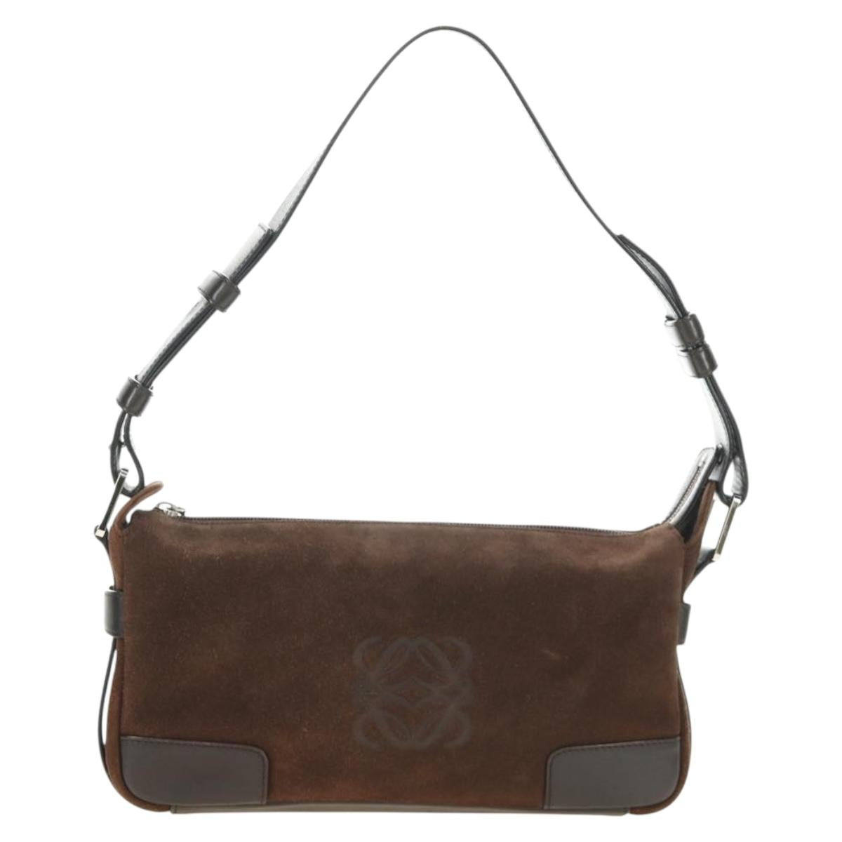 LOEWE Anagram Shoulder Bag Suede Leather Brown Silver Auth 187211SAV