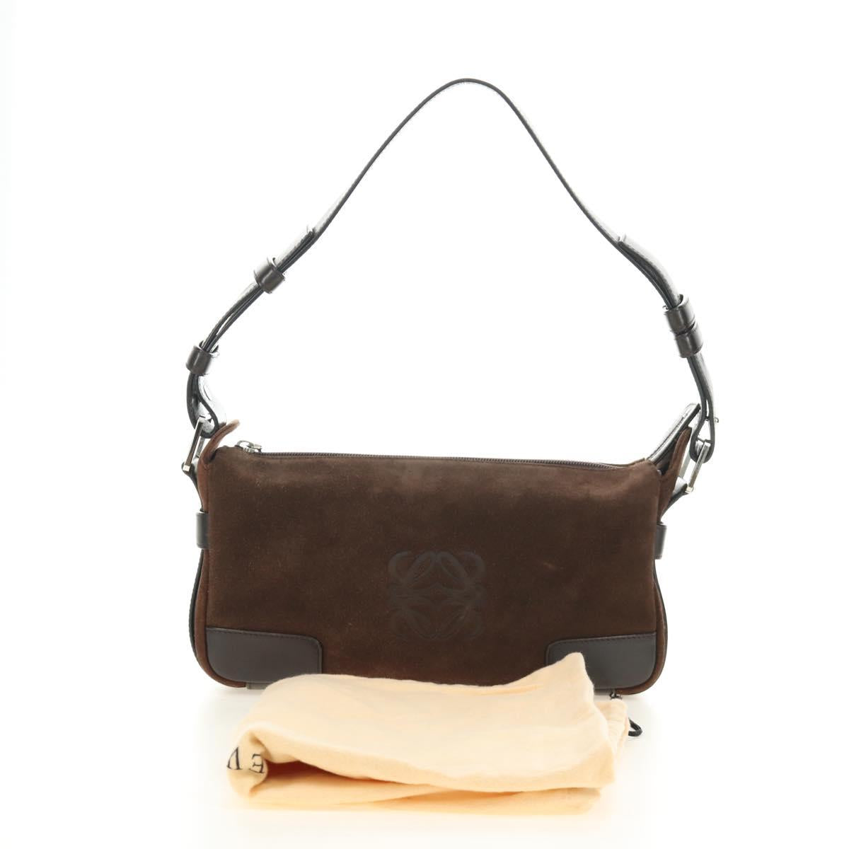LOEWE Anagram Shoulder Bag Suede Leather Brown Silver Auth 187211SAV