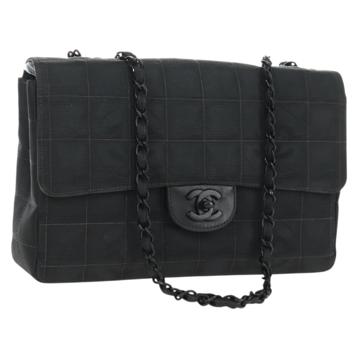 CHANEL Choco Bar Chain New Travel Line Bag Canvas Black CC Auth 187224SAV