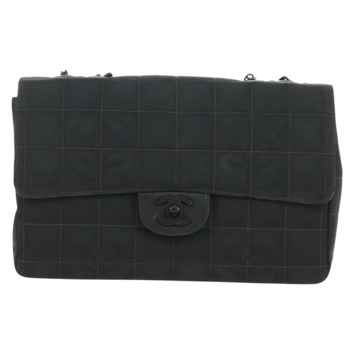 CHANEL Choco Bar Chain New Travel Line Bag Canvas Black CC Auth 187224SAV